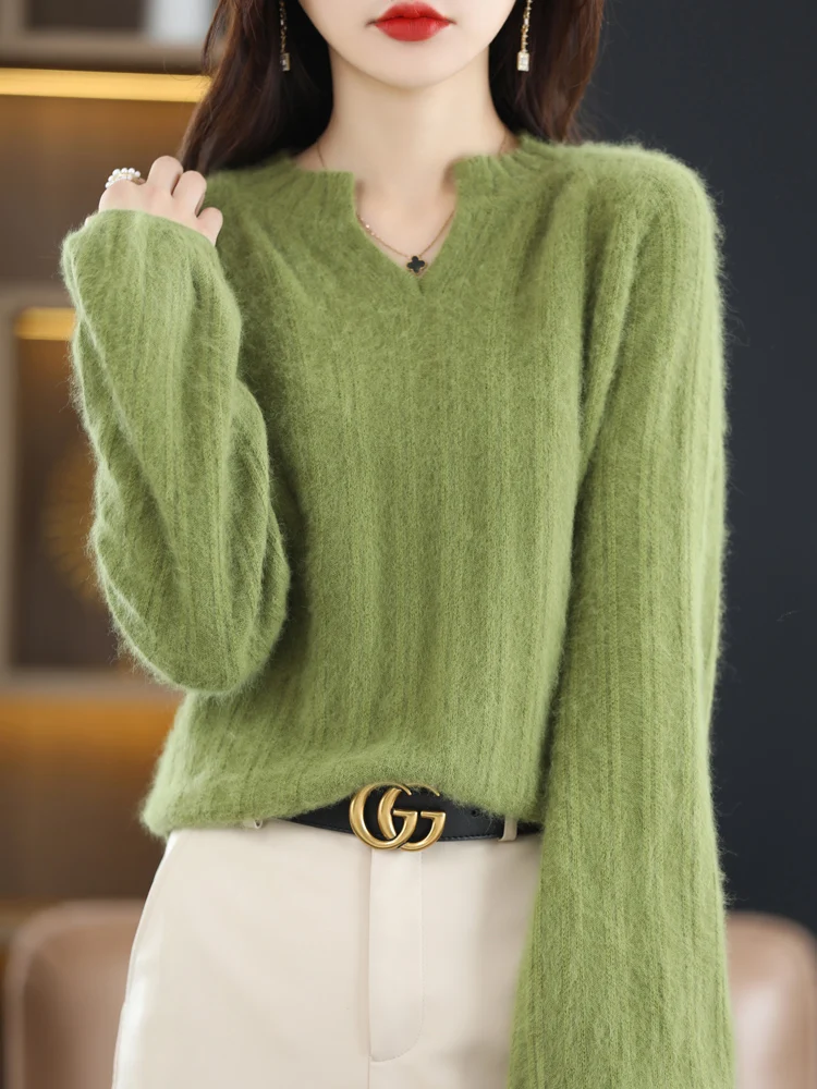 

100% Mink Cashmere Sweater Women's V-Neck Bubble Sleeve Knitted Pullover Fashion Large Size Base Shirt Loose Warm Tops Clothing