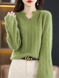 100% Mink Cashmere Sweater Women's V-Neck Bubble Sleeve Knitted Pullover Fashion Large Size Base Shirt Loose Warm Tops Clothing