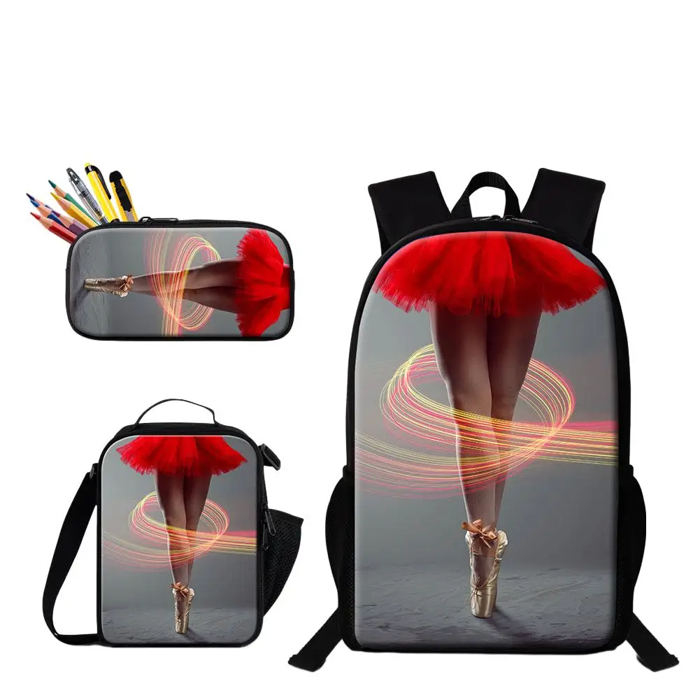 Trendy Youthful Ballet 3D Print 3pcs/Set Student Travel bags Laptop Daypack Backpack Lunch Bag Pencil Case