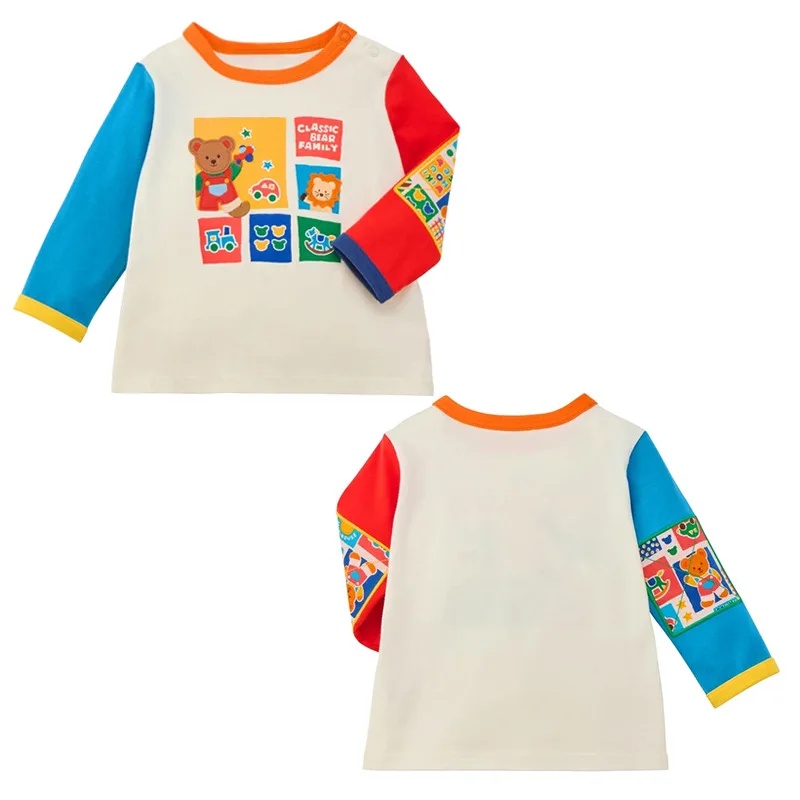 2026 Korean Autumn Bear Colorblock Zoo Print Long Sleeve Tee for Boys Girls Cute Cartoon Baby Round Neck Top Soft Cotton Fabric