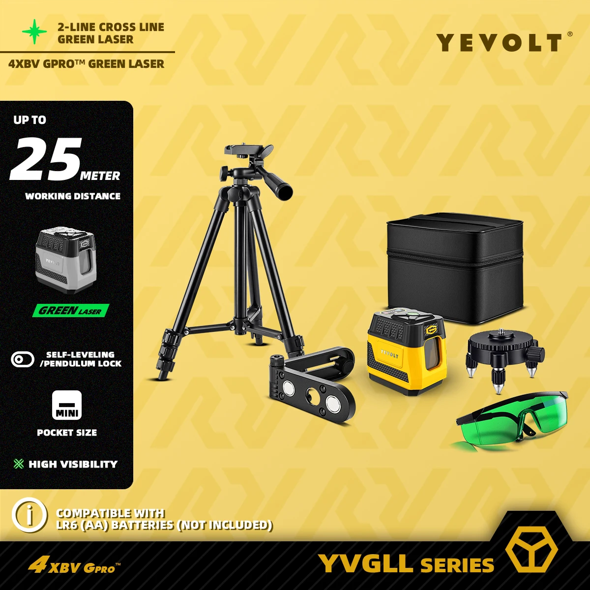 YEVOLT YVGLL4XS2G مستوى الليزر بخطين: رؤية عبر الخط، دعامة L متينة و3 سطوع - مدمجة للمواقع المحدودة ​