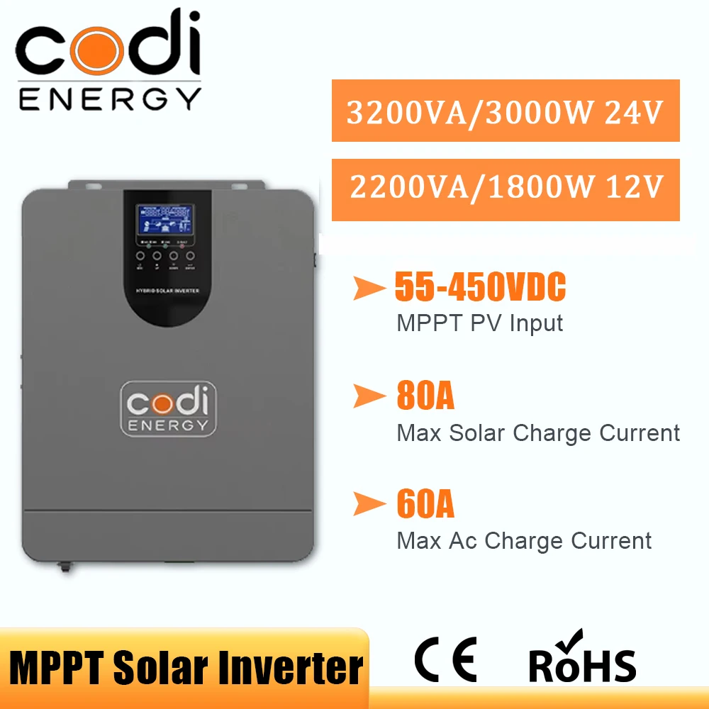 

Hybrid Solar Inverter 3KW 1.8KW Max PV 450V Off Grid Inverter 12V 24V 220V Pure sinewave Built in 80A MPPT Support GPRS WIFI