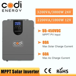 Hybrid Solar Inverter 3KW 1.8KW Max PV 450V Off Grid Inverter 12V 24V 220V Pure sinewave Built in 80A MPPT Support GPRS WIFI