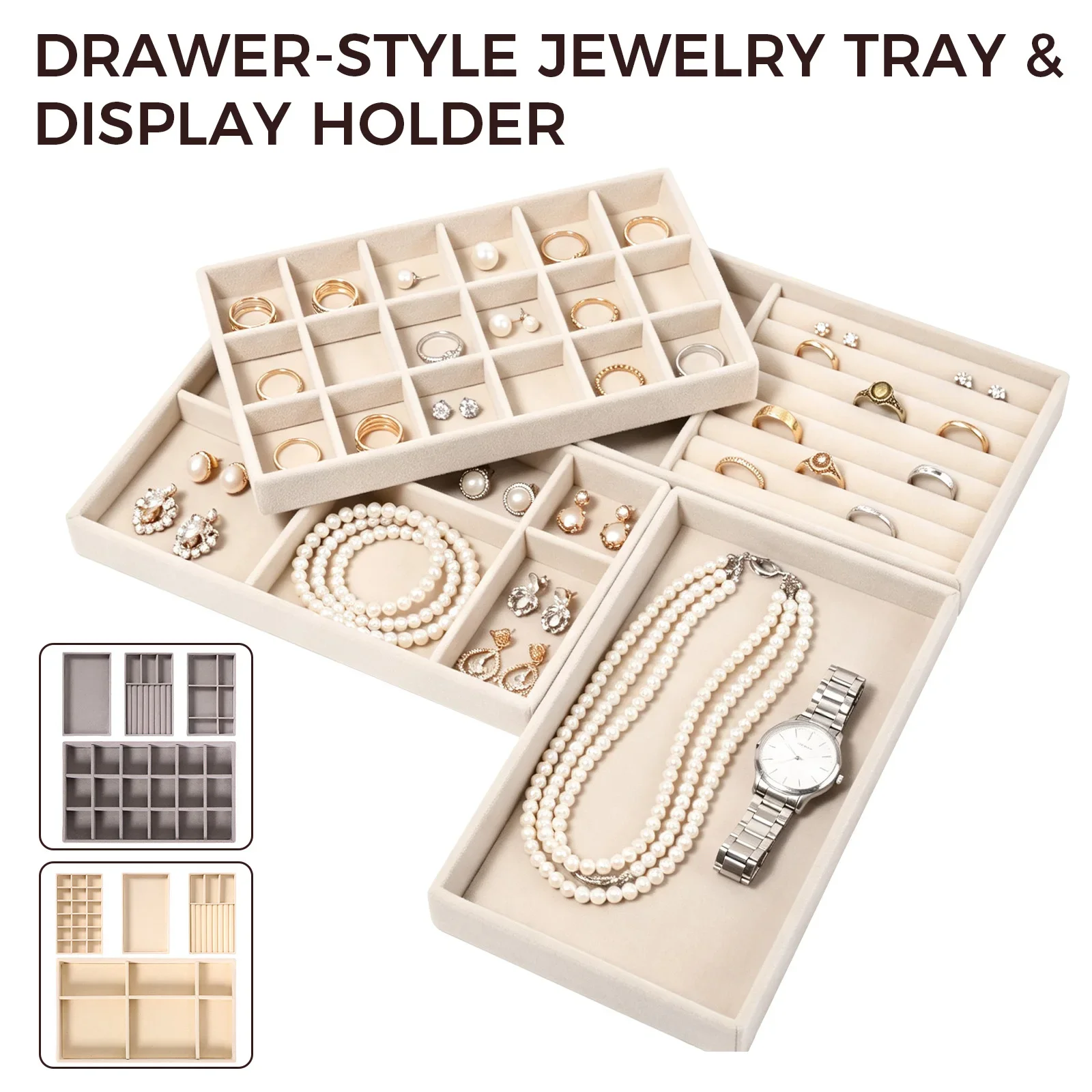 4Pcs Velvet Jewelry Display Tray Stackable Drawer Insert Jewelry Storage Tray Multiple Compartments Jewelry Holder Organizer