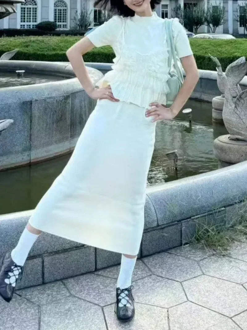 Jesień nowe kobiety 2025 Vestidos O-neck sukienki z krótkim rękawem sukienka z dzianiny Vestido Femininos japonia odzież + koronkowe falbany Camis