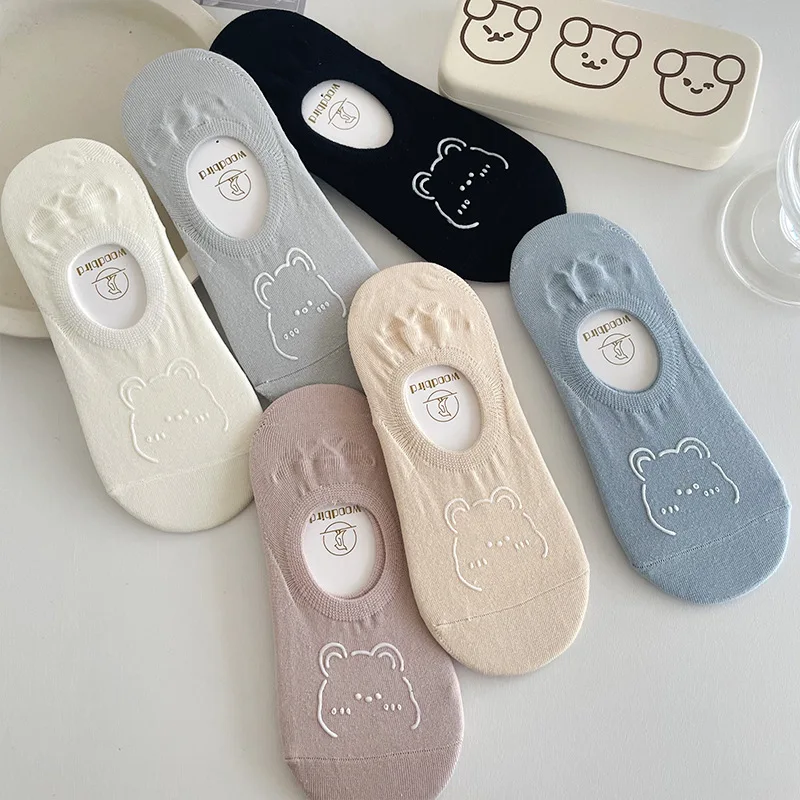 5 pares novo kawai meias femininas verão bonito japonês moda urso dos desenhos animados engraçado meias de algodão macio curto antiderrapante