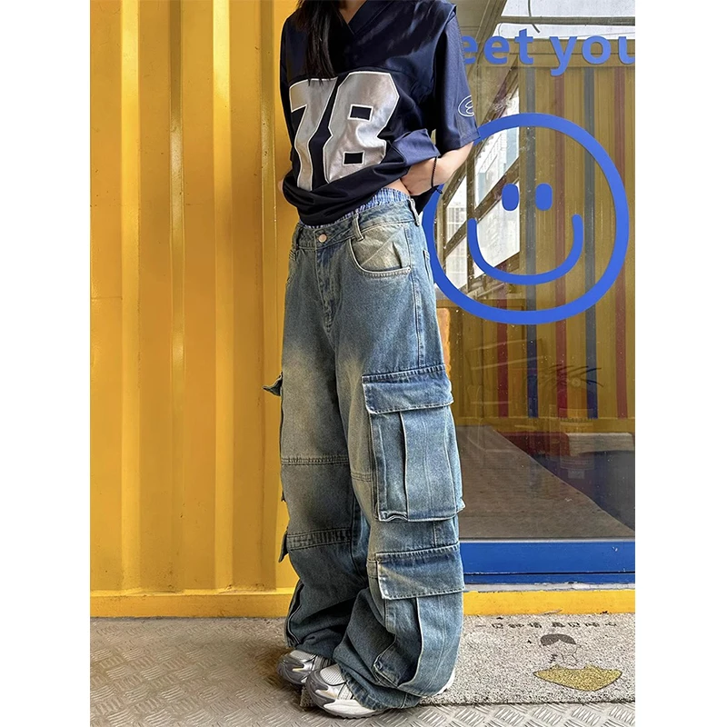 

American Retro Workwear Straight Leg Jeans With Multiple Pockets Design Women High Street Washed Loose Wide Y2k Leg Mop Pants