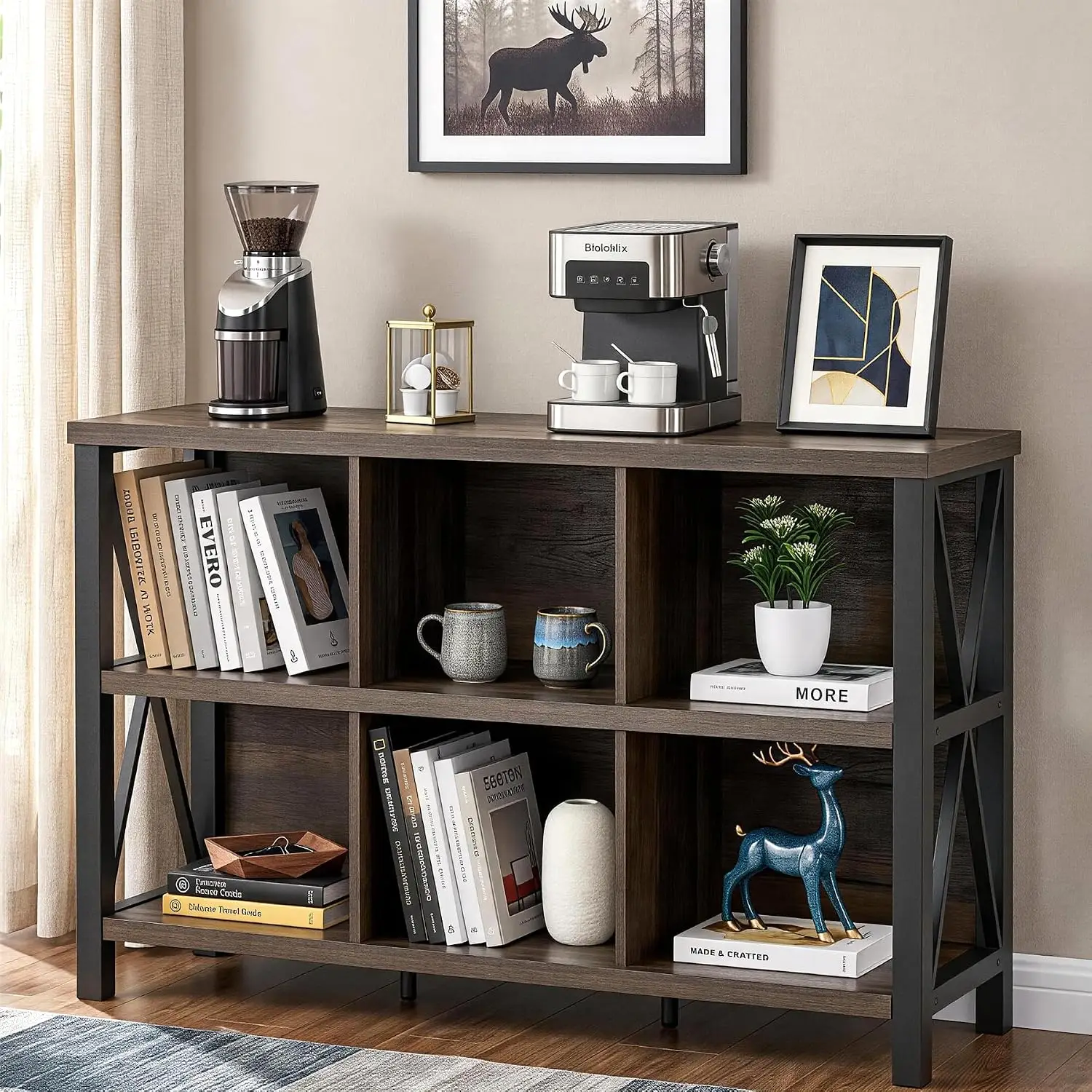 Cube Storage Organizer Bookshelf 47 Inch Horizontal Wood & Metal Bookcase Living Room Home Office, Customized