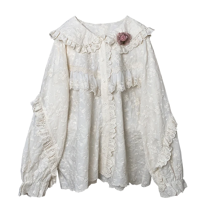 Mori Girl Solid Color Long-Sleeved Lace Stitching Shirt All-Matching Girlish Hollow Embroidered Single-Breasted Doll Blouse