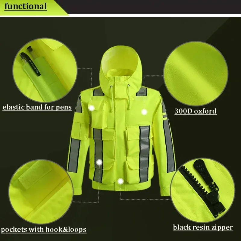 Outdoors Work Hooded Raincoat Jacket Mens Hi Vis Safety Reflective Stripe Waterproof Coat Multi Pockets Windbreaker High-quality
