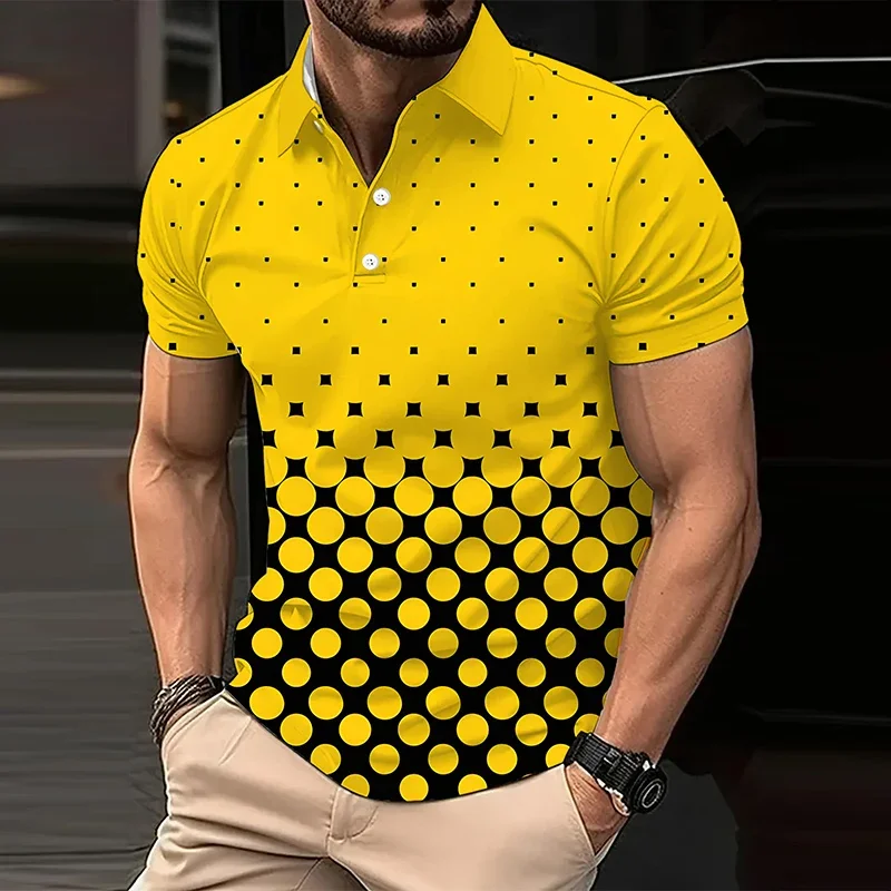 Men 2024 Summer Short Sleeve Fashion Slim Fit 3D Digital Print Casual Polo Shirt