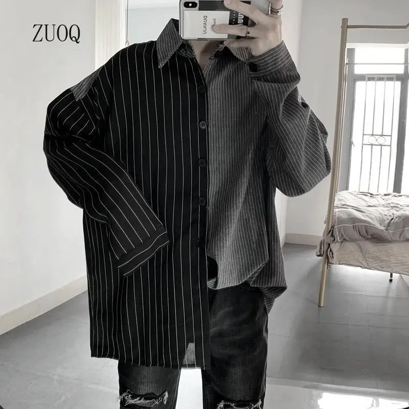 

Весна/осень, новая модная лоскутная рубашка с длинным рукавом, мужская полосатая блузка контрастного цвета, мужские повседневные рубашки с отложным воротником