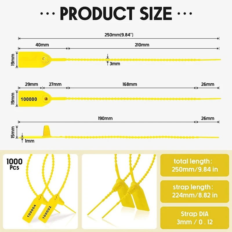 Plastic Fire Extintor Tamper Seals, Tags de Segurança, numeradas Zip Laços, Amarelo, 1000 pcs