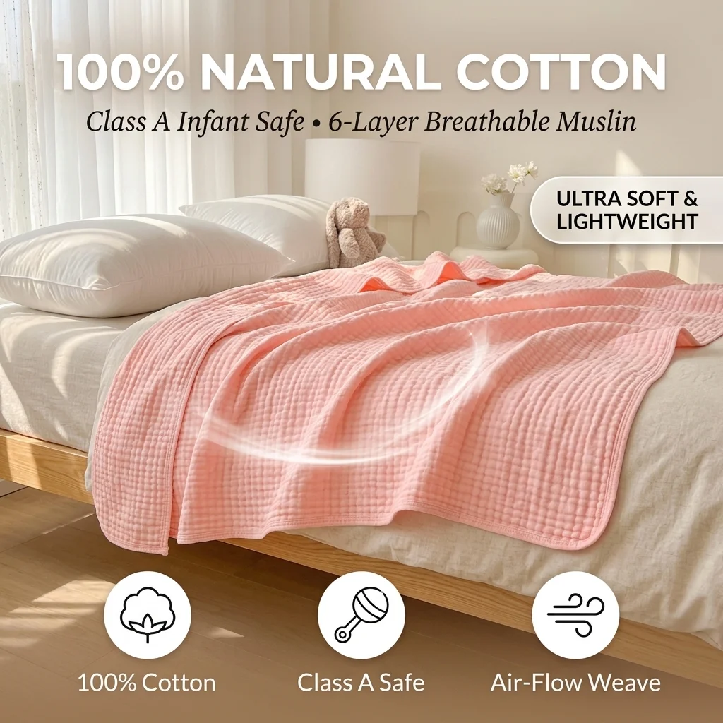 Class A 100% Natural Cotton Muslin Blanket Soft 6-Layer Gauze Swaddle Quilt Multi-Use Bath Towel Bedding Cover for Home Travel