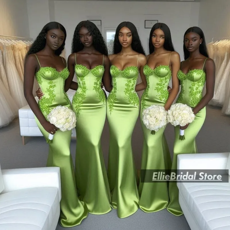 

Lime Green Bridesmaid Dresses For Wedding Spaghetti Straps Lace Applique Maid Of Honor Gowns robe de mariage femme Customized
