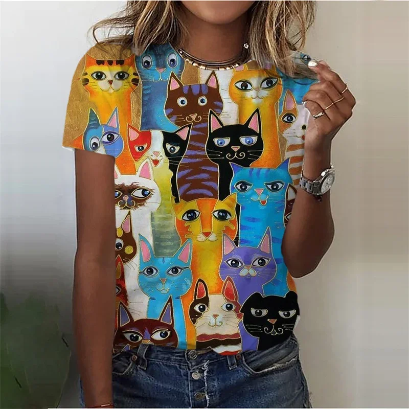 3D Printed Funny Animal T-Shirt for Women Cute Cat Graphic T Shirts Summer Harajuku Round Neck Tops Short Sleeves Loose Tees