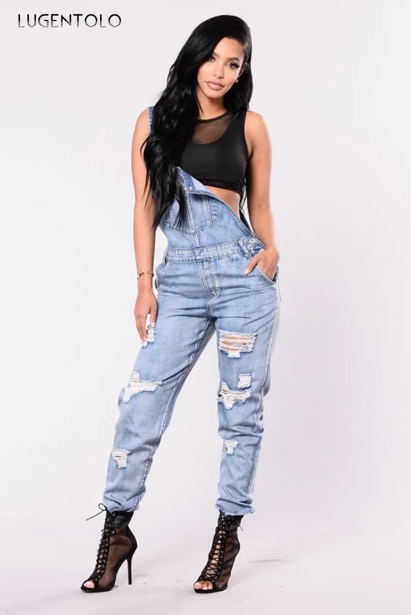 Ripped Denim Jumpsuits Women Fashion Elasticity Overalls New Casual Female Street Washed Pocket Hole Long Pencil Cloth