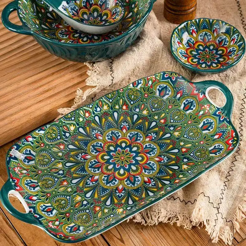 13in Bohemian double-eared fish plate household steamed fish plate large rectangular fish serving plate ceramic vegetable plate