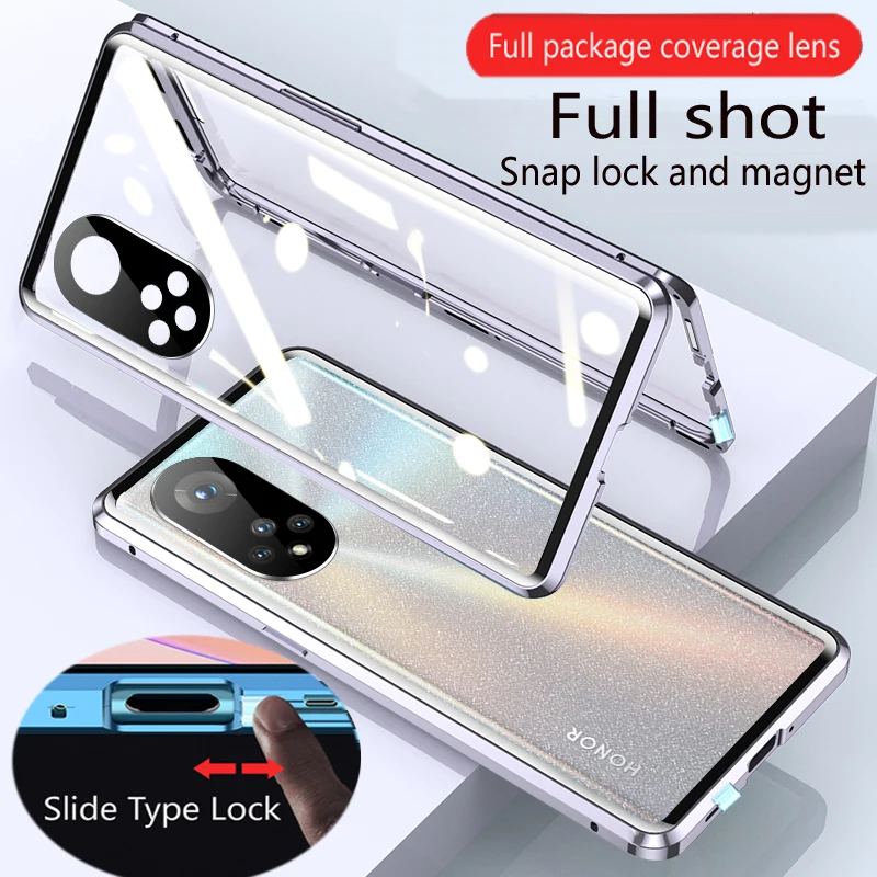 Double Sided Glass Snap Lock Case, 360 Full Protection Shell, Lens Protection, Back Cover, Fit for Honor 50 70 Pro Plus 90 Lite,