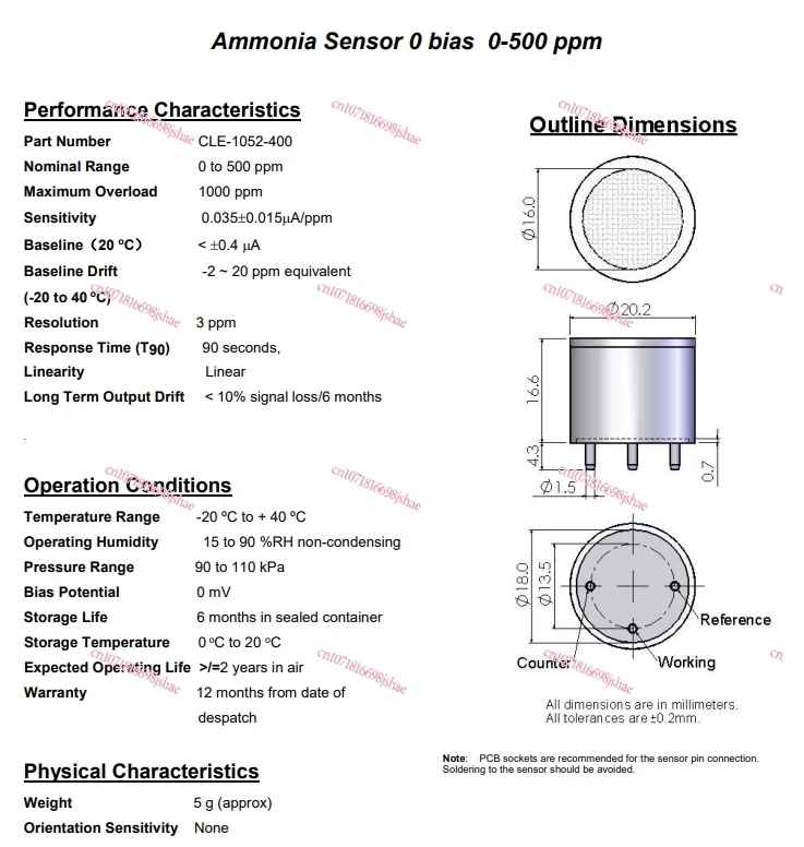 NH3 Gas Detector Sensor Electrochemical Air Sensor 4NH3-500 Ammonia Meter Sensor for Environmental Safety Detection