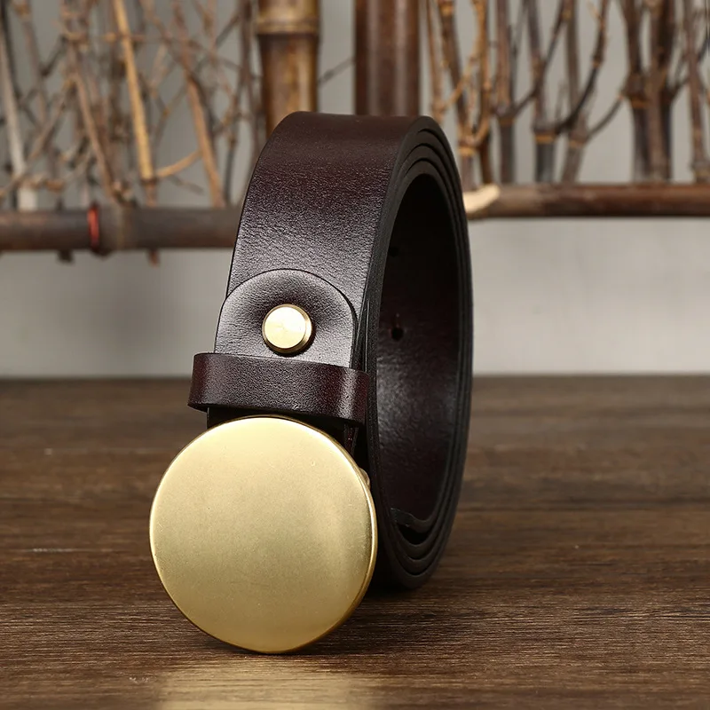 Men's Genuine Leather Smooth Round Buckle Belt Man Cowhide Korean Version Retro Versatile Board Buckle Trendy Personalized Belt