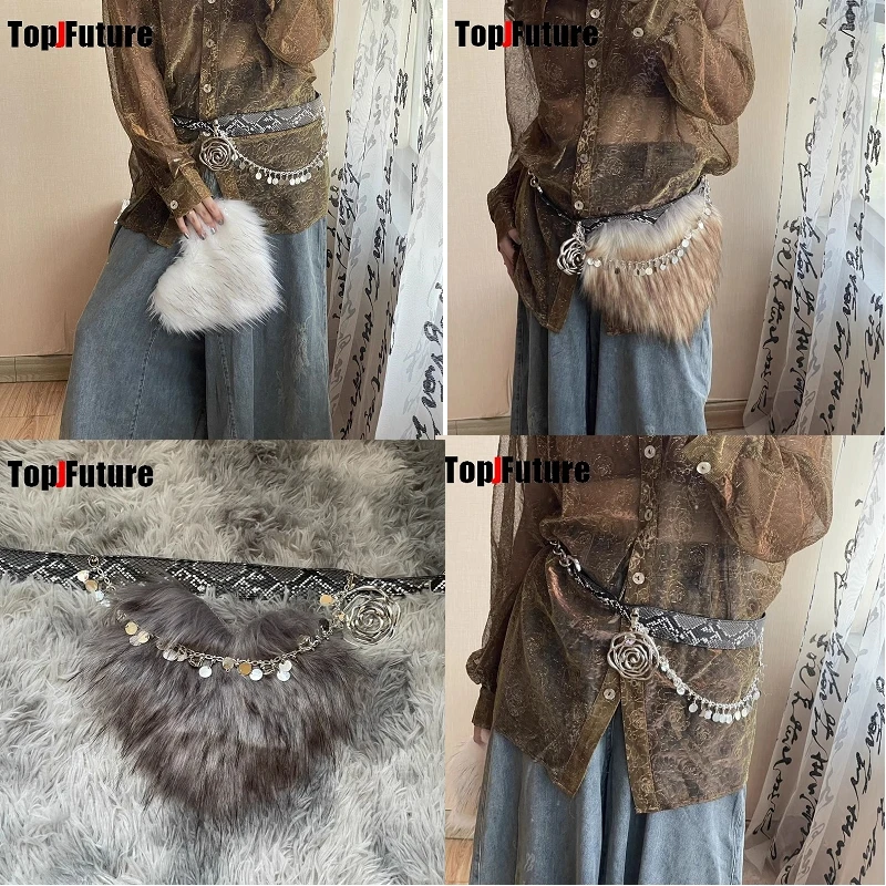 Women's Harajuku Steampunk Y2K The Spice Girls Love Plush American Vintage Dark Furry belt Concave shaped decorative waist chain