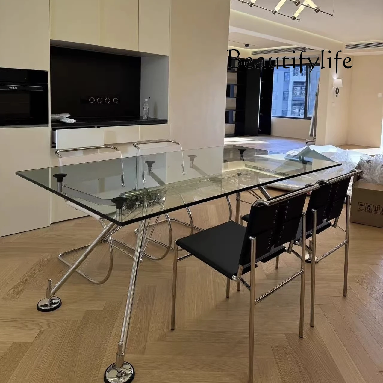 

Nordic design minimalist light luxury stainless steel tempered glass household multi-functional dining table desk