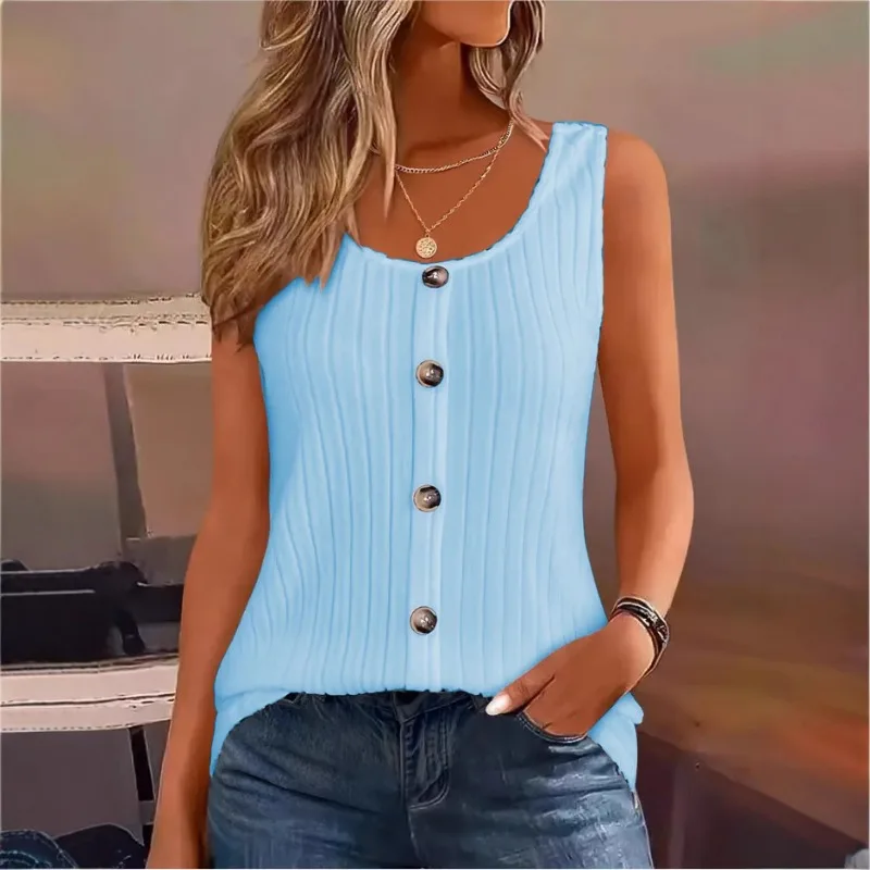 Women's Light Blue Ribbed Knit  Top Button Front Sleeveless Casual Vest
