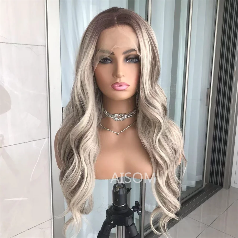 Highlight Ash Blonde Lace Front Wigs Body Wave Lace Frontal Synthetic Wig Glueless Long Wavy Synthetic Lace Wig for Women