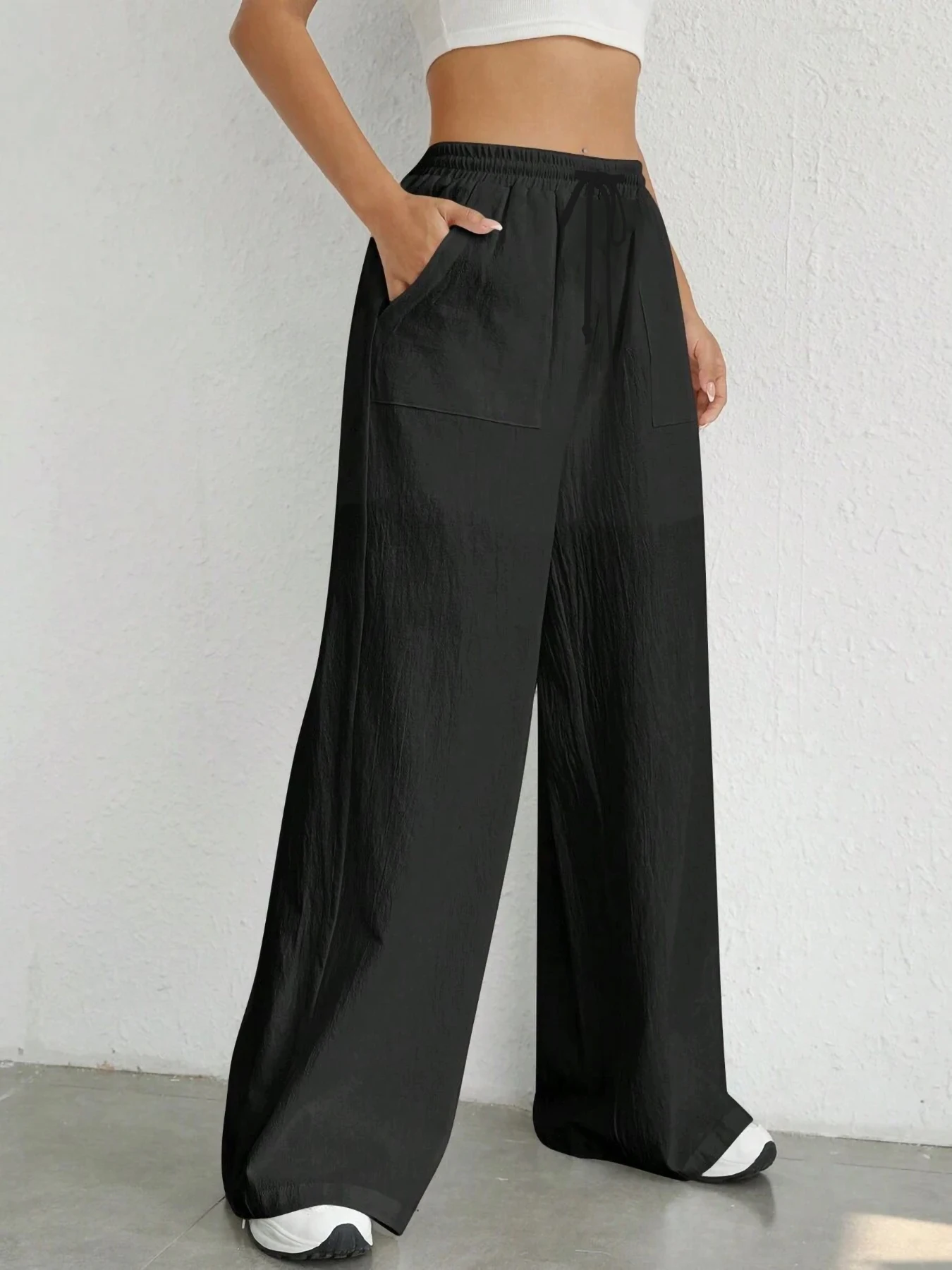 Damen-Hose in Unifarbe, lockere Hose mit weitem Bein, lässige Hose mit Kordelzug, gerade Hose mit Taschen, lässige Hose, lockere Hose mit hoher Taille – Detail 16