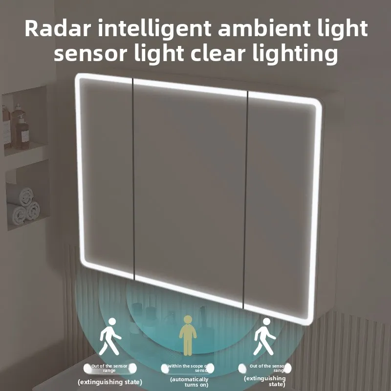 22 * 24 Inch Multifunctional Arc Angle Bathroom Mirror Cabinet Aluminum Alloy Storage Mirror Table Smart Sensor Light