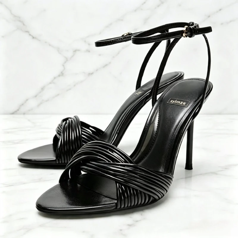 Sandales à talons aiguilles pour femme, style crossover avec lanières avant, bout ouvert, bride de cheville et boucle métallique, chaussures de créateur de luxe