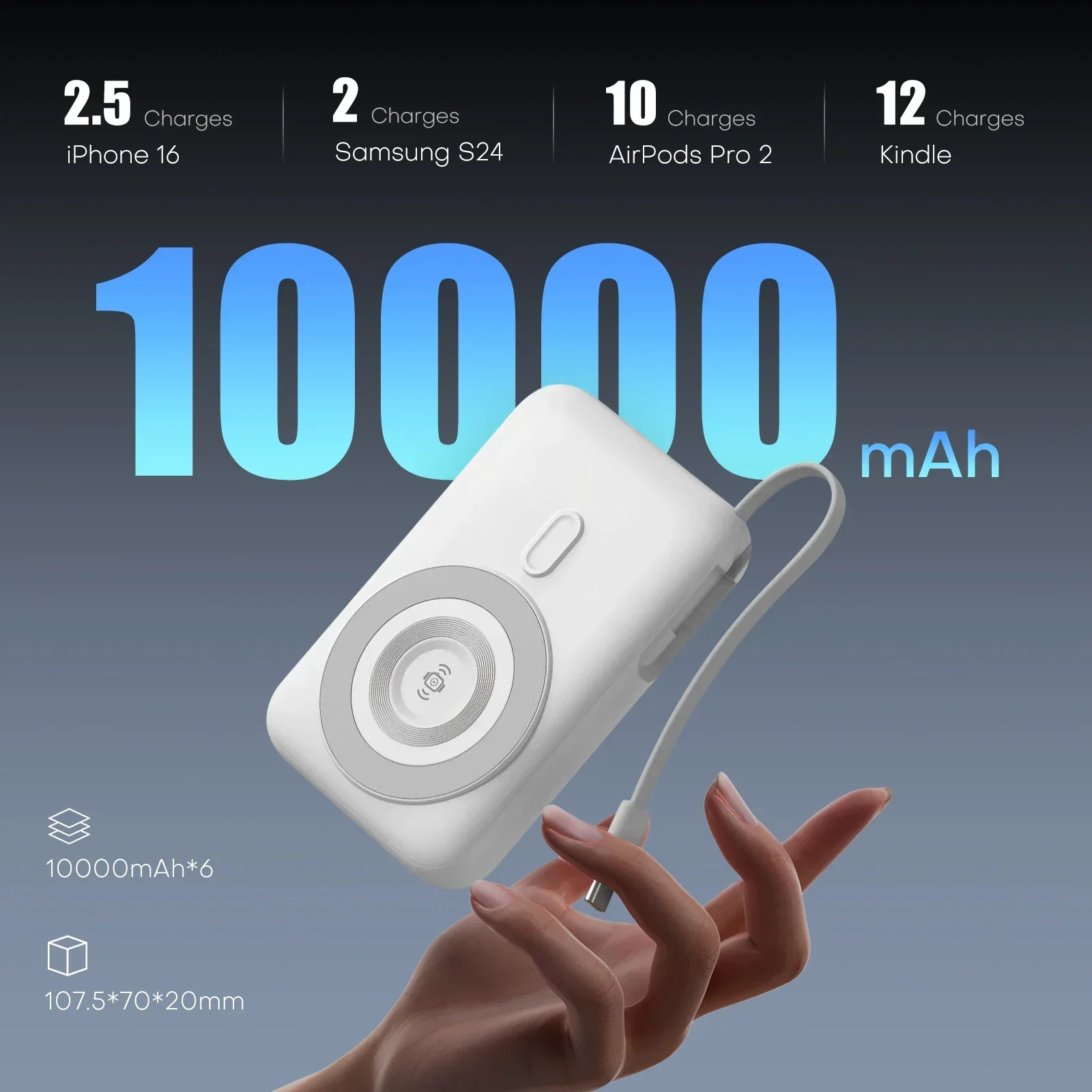 Domars 6-in-1 Magnetic Charging Power Bank 10000mAh PD 22.5W Fast Charging Portable Battery with Built-in Charging Cable