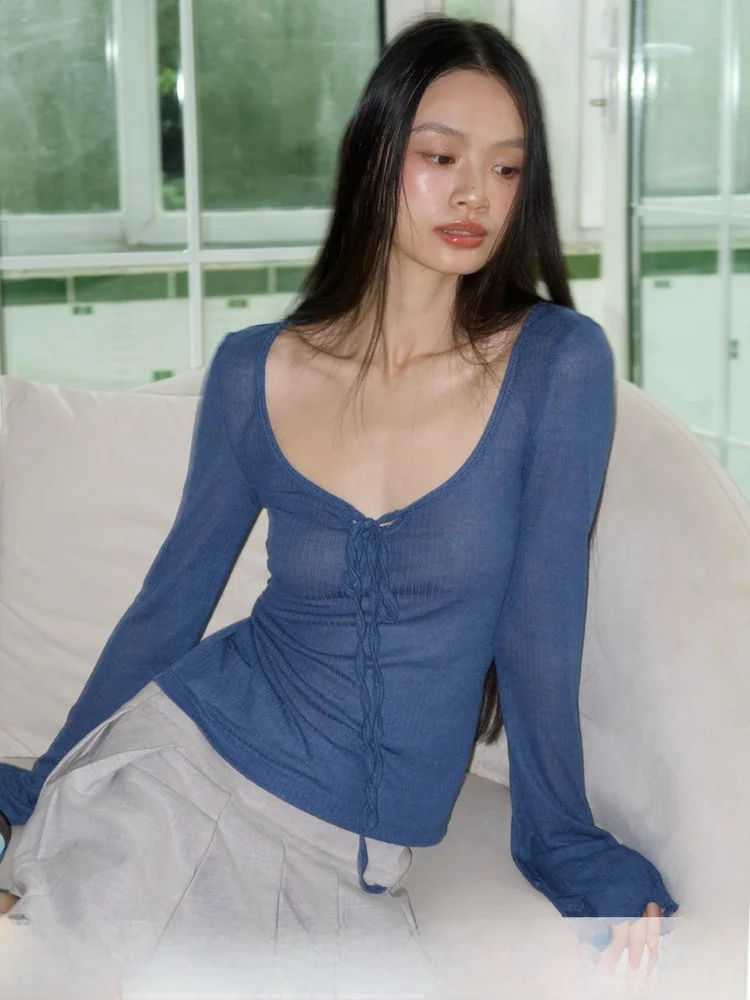 

Топ Rojo Oscuro k Red из трикотажа с кружевом, с поясом, с рукавами-колокол, приталенный, повседневный, однотонный, из полиэстера, с длинными рукавами, с V-образным вырезом