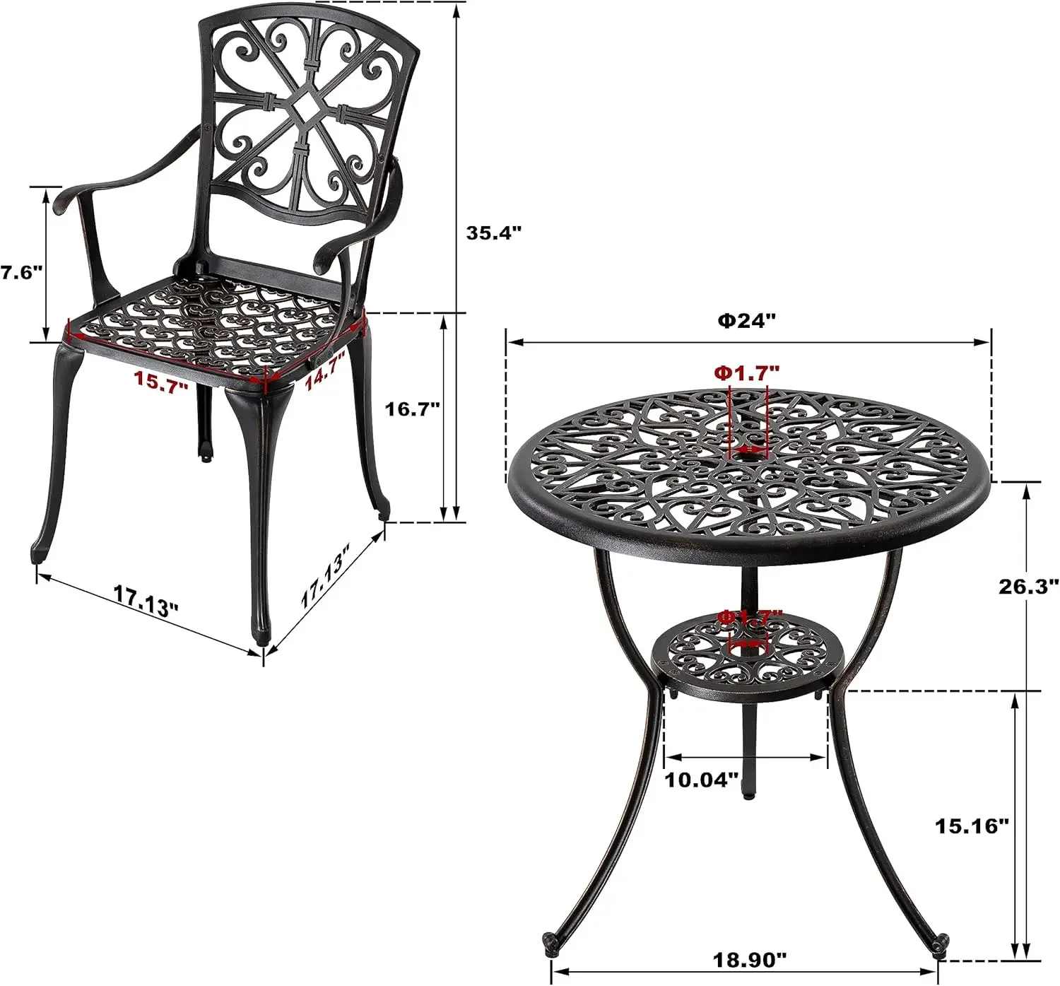 Conjunto de bistrô ao ar livre de 3 peças Conjunto de pátio de alumínio fundido Conjunto de mesa de bistrô Mesa e cadeiras de pátio à prova de ferrugem com guarda-chuvaNegro