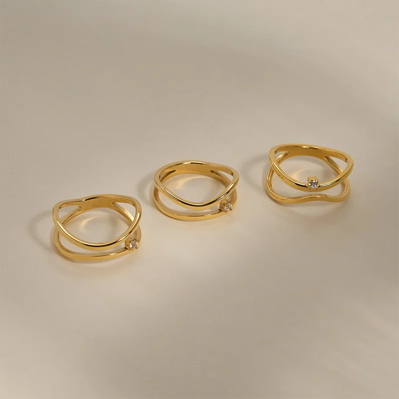 Double layered cz stone thin rings stainless steel rings for women minimalist dainty stainless steel jewelry new in 2024