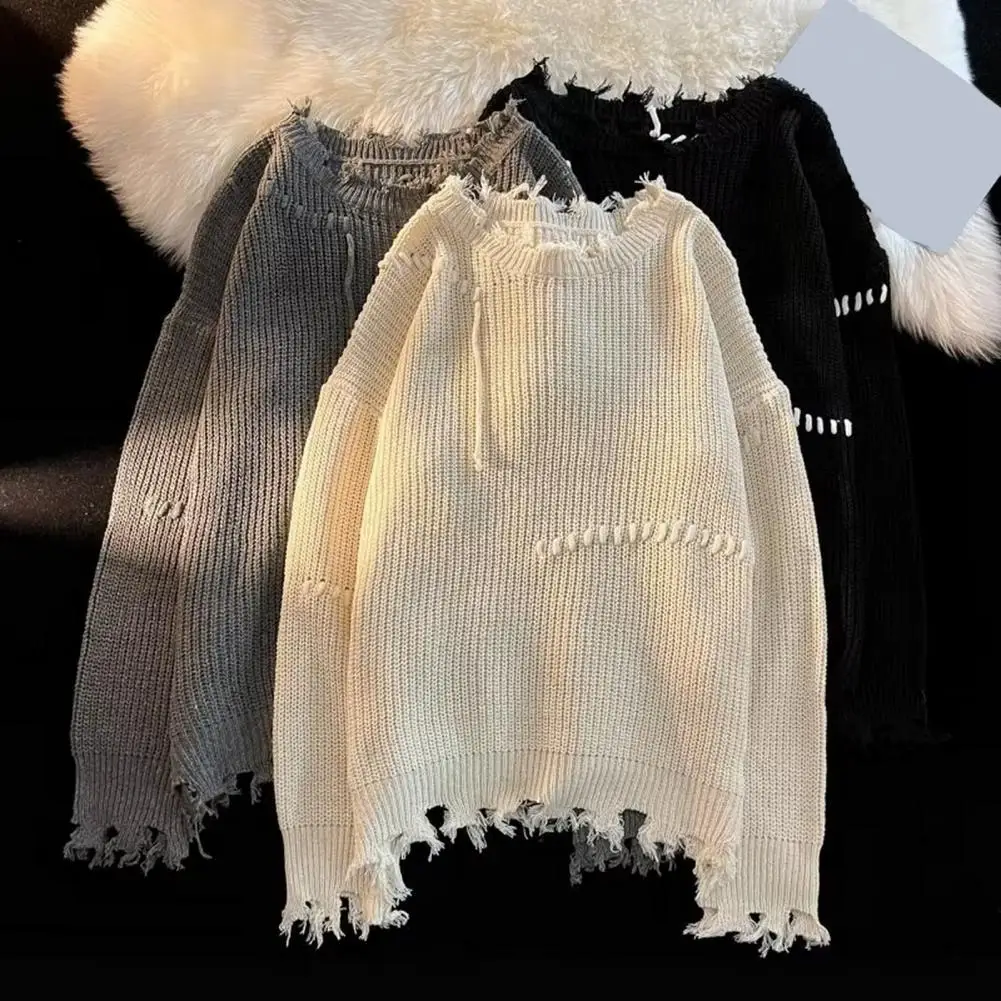 Men Fall Winter Sweater Ripped Tassel Solid Color Fringe Round Neck Knitted Mid Length Loose Soft Warm Pullover Men Sweater
