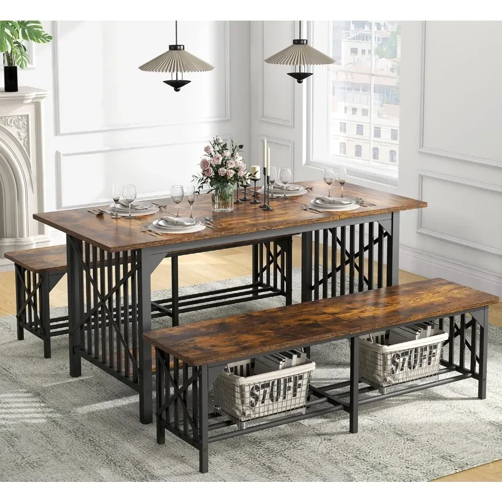 Conjunto de mesa de jantar de 3 peças, mesa de sala de jantar de 63" com 2 bancos, conjunto de mesa de sala de jantar retangular industrial com armazenamento