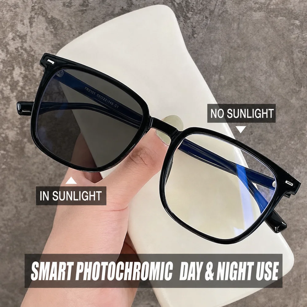 New Brand Myopia Glasses Women Men Photochromic Square TR Material Prescription Glasses with Minus Diopters-0.5-1.0-1.5-2.0-2.5