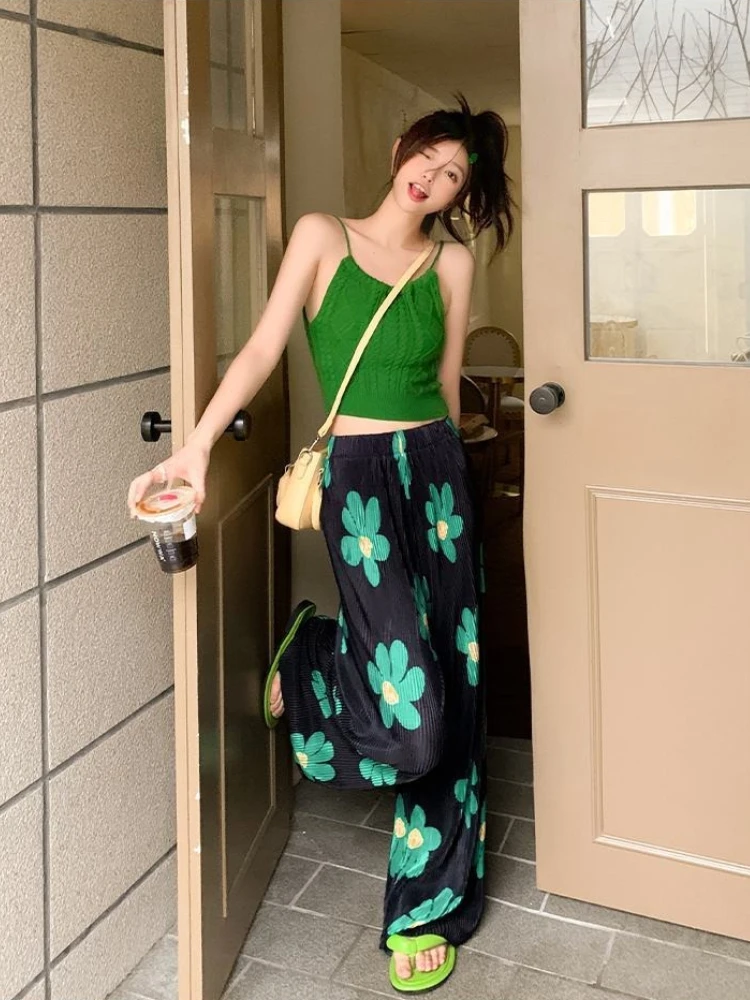 Latest Style Women's Pleated Wide Leg Print Pants with Drapey Feel Loose Fit Slimming Straight Long Trousers Versatile Trendy