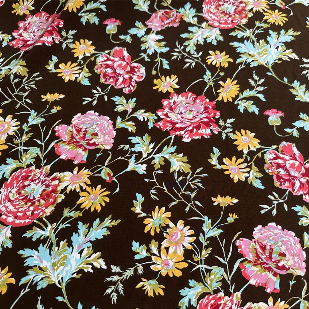 1 meter 100% Mulberry Silk 18 momme Crepe Silk Fabric Coffee Floral Printed 138cm 54