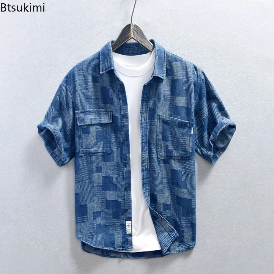 2026 New Mens Fashion Casual Blue Check Denim Shirts Summer Male Short Sleeve Loose Handsome Cool Plaid Workwear Y2k Youth Tops