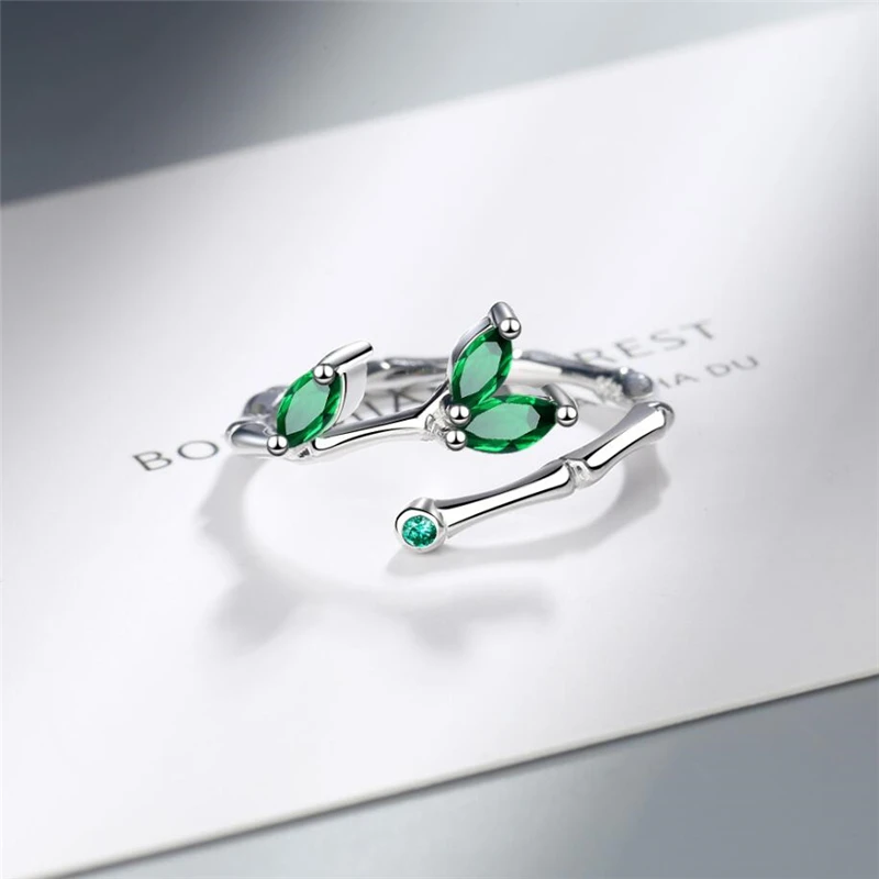 Sole Memory Blue Crystal Leaves Branches 925 Sterling Silver Female Resizable Opening Rings RI589