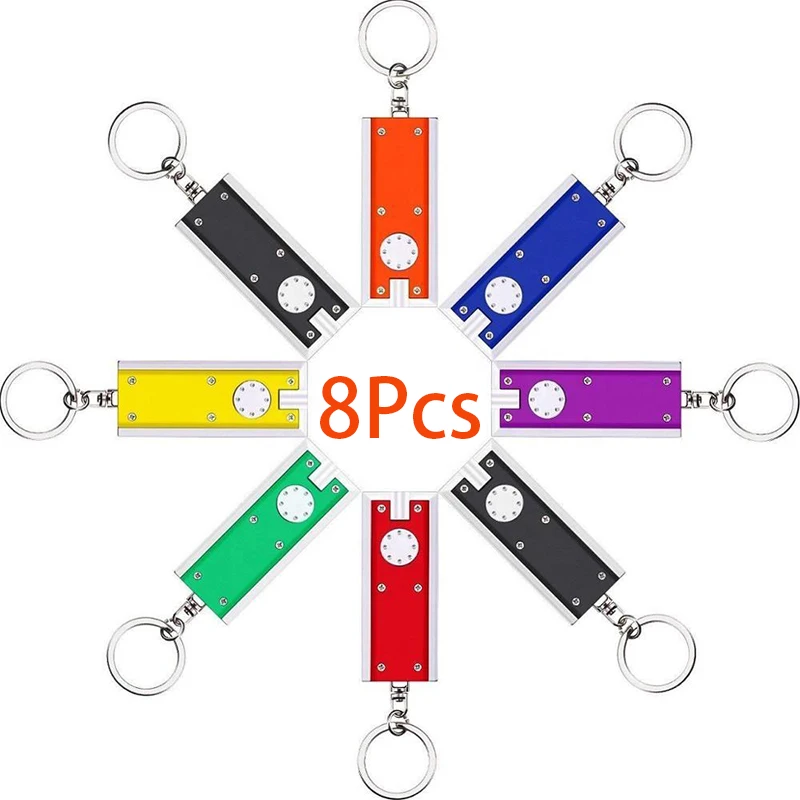 ไฟฉายพวงกุญแจ LED ขนาดเล็ก8ชิ้น, ไฟฉายแผ่นเรืองแสงพวงกุญแจโซ่กุญแจไฟฉายค้นหาไฟกลางแจ้ง