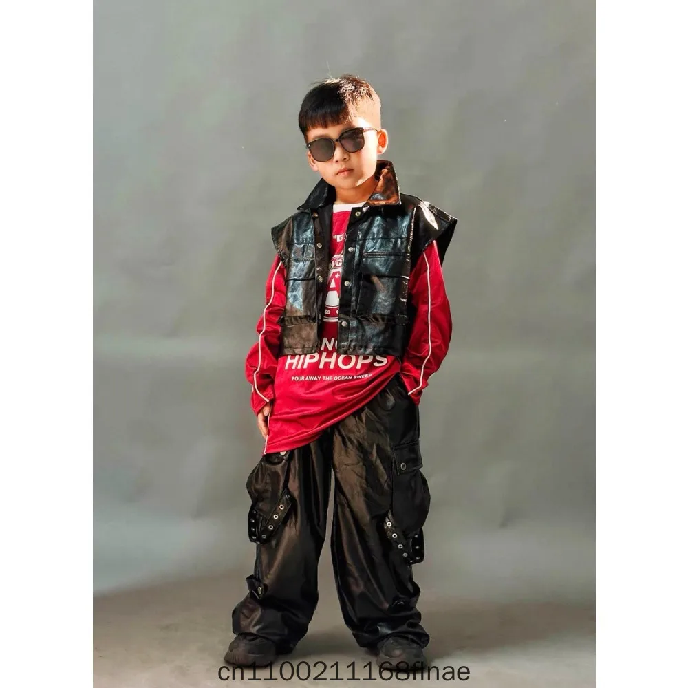 children's-street-dance-performance-costume-drum-set-dance-hip-hop-children's-clothing-boys'-hip-hop-red-suit