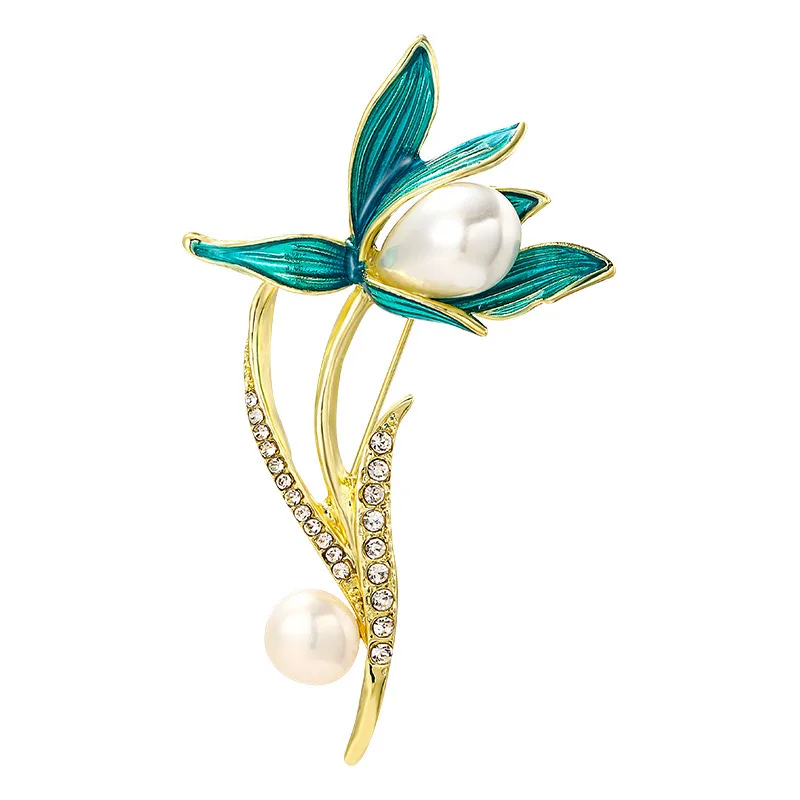 Elegant Women Enamel Orchid Brooches for Girls Rhinestone Pearl Magnolia Flower Clothes Badges Pins Plant Corsage Jewelry Gifts