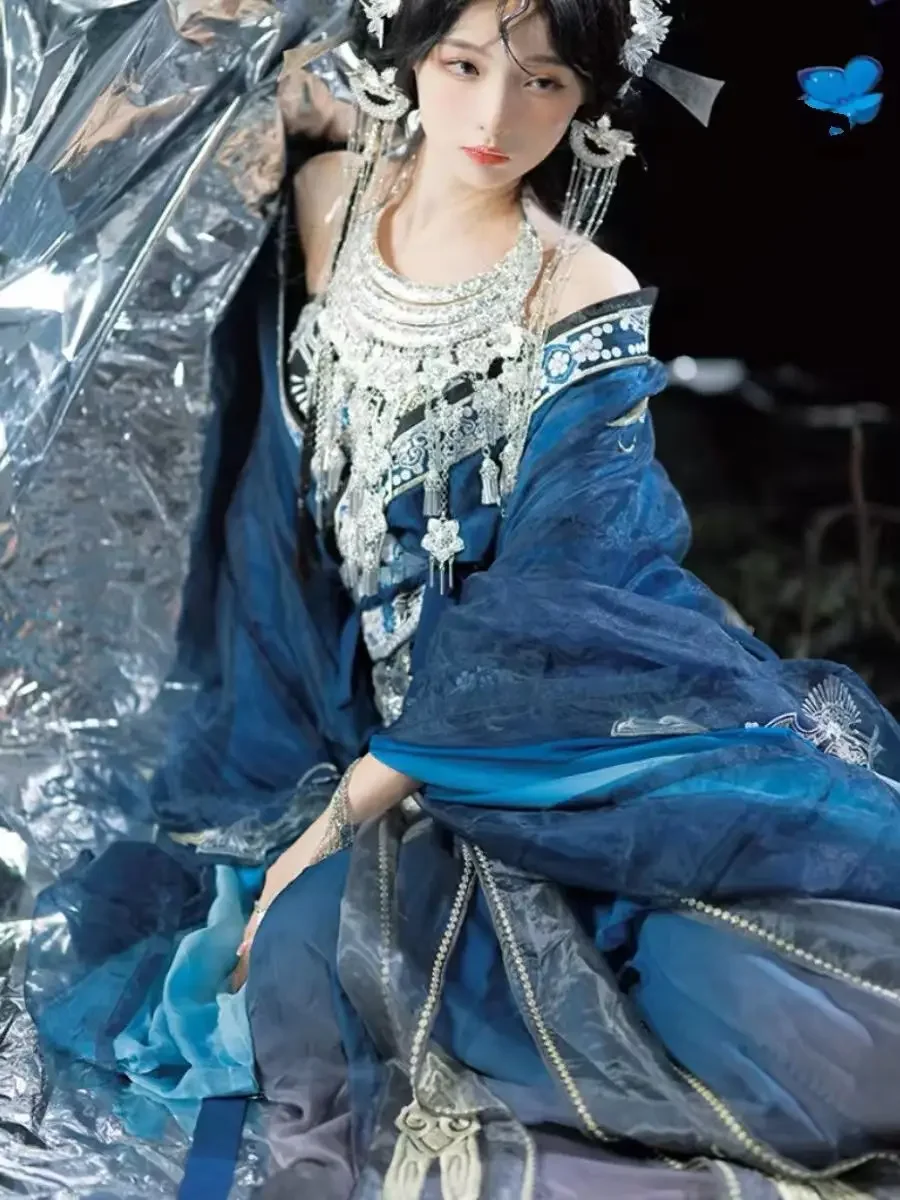 

Новое платье Ханфу Мяо для девочек, комплект платьев с вышивкой, династии, большие рукава, юбка Ханфу с полной талией, синее платье, потому что принцесса в стиле вестерн