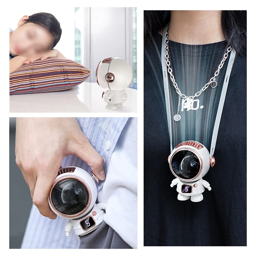 NEW Portable Small USB Rechargeable Astronaut Hanging Neck Fan  Air Cooling Fans Mini Handheld Bladeless Silent Desktop Fan