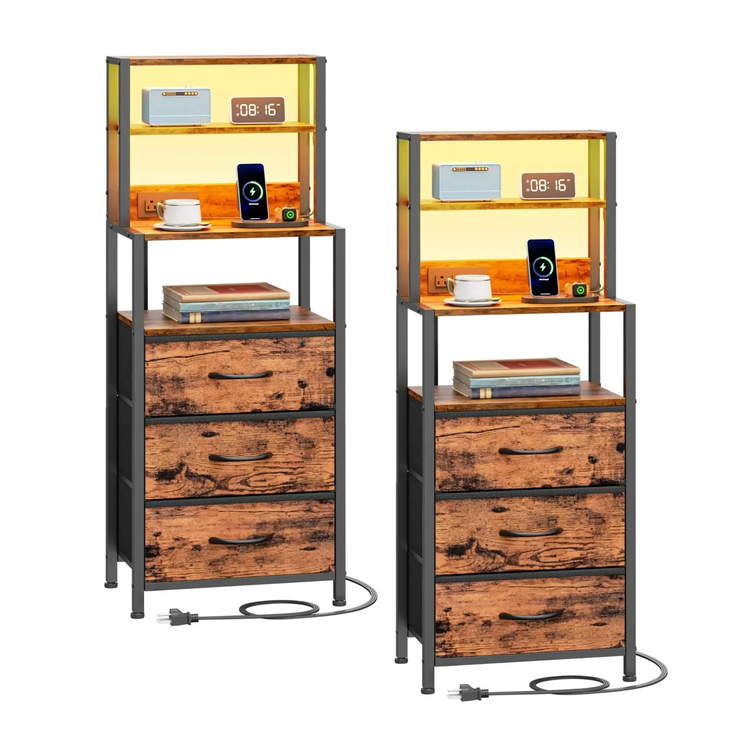 Night Stand Set 2, LED Nightstand with Charging Station, 3 Drawers | RGB LED Light & USB Ports & type-C, 46