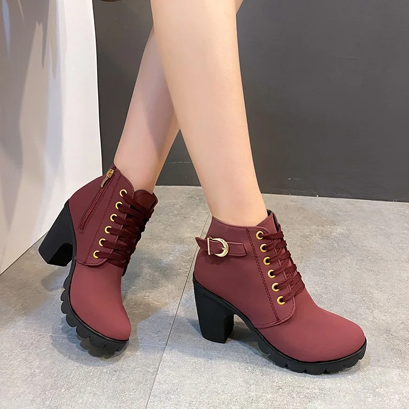 Winter 2023. Nowe buty damskie na wysokim obcasie Krótkie buty z paskami krzyżowymi Wygodne wodoodporne buty Ciepłe Plus Size 42. Botas Femininas